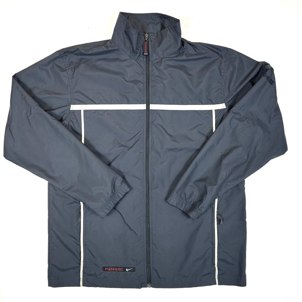 VTG Nike Mens Full Zip Windbreaker Jacket Black Grey Piping RN 56323 Size L Y2K